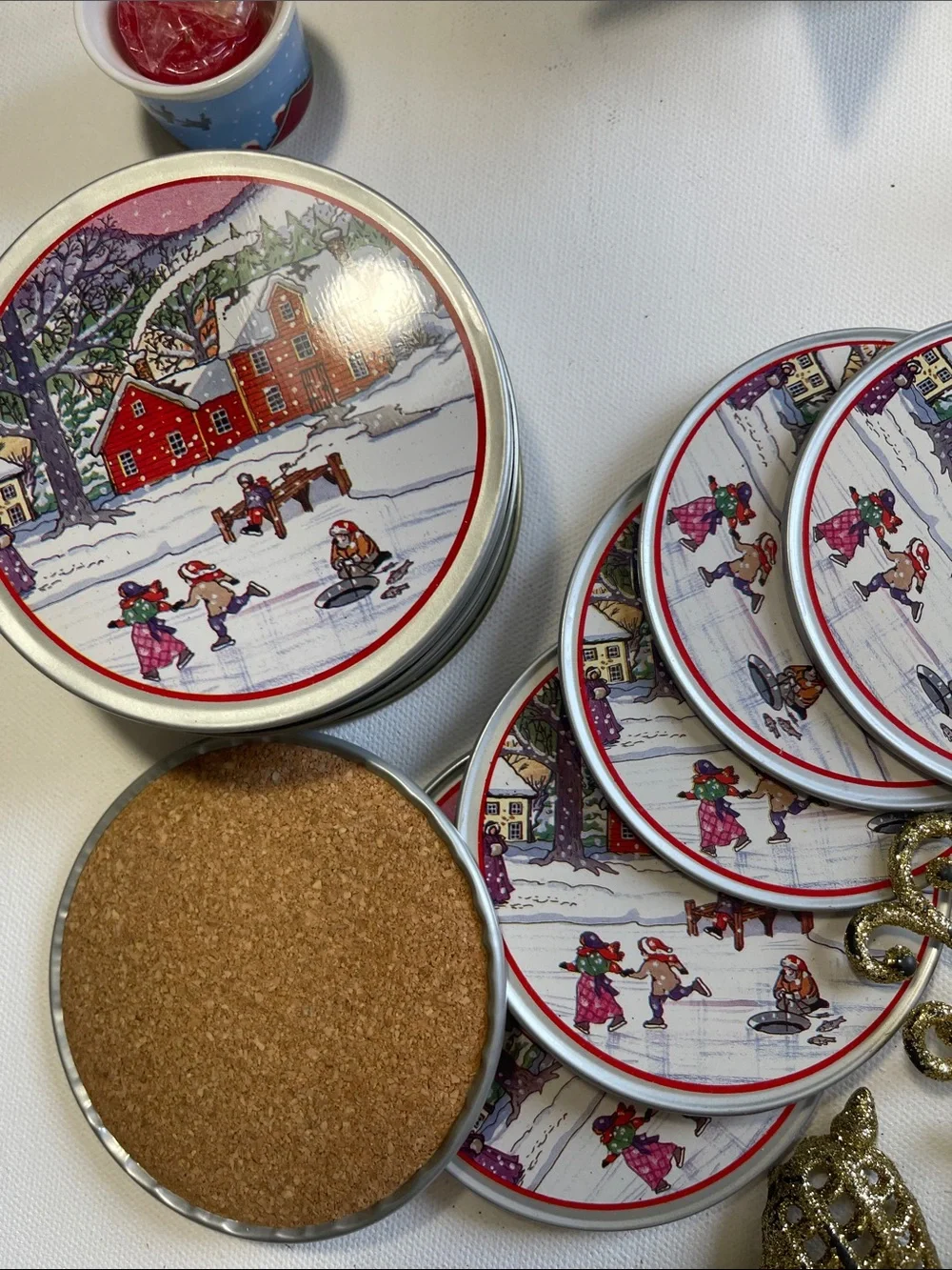 Vintage Christmas Decorations. Santa, Reindeer, candle, coasters stars